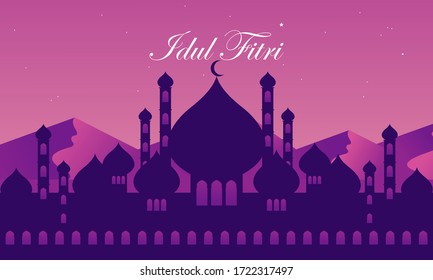 Eid al-fitr Islamic Mosque Building Background Flat Design Vector Illustration