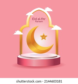 Eid al-fitr kareem pink greeting card podium with islamic moon and star ornament vector design