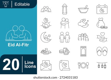 Eid al-Fitr Linie Ikone Set mit Familientreffen, Gebet, Essen, Wohltätigkeit, Halbmond, Geschenke und Feier Symbole. Ideal für islamische Feiertage, festliche Designs, Apps, Banner und Grußmaterialien.