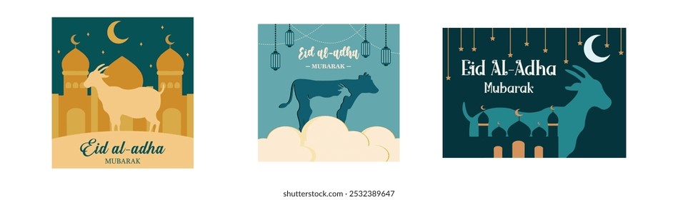 Eid Al-Fitr Mubarak. Eid Al Adha Mubarak Feier Banner mit Mond und Kuh. Silhouettenbild von Moschee und Ziege mit leuchtender Laterne für Eid Al Adha Mubarak. Flache, moderne Vektorgrafik festlegen