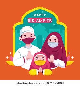 Eid al-fitr eid mubarak Arabic hijab family wearing mask illustration in a simplistic flat UI style
