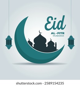 Eid Al-Fitr Mubarak Celebration with Crescent Moon and Mosque Silhouette