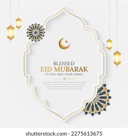 Plantilla de publicación de Eid Al-Fitr Mubarak en elegantes medios sociales blancos