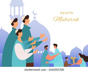 Eid al-Fitr Mubarak greeting card. Muslim people feast of breaking the fast. Muslim community praying, give gifts, charity and congratulate each other.