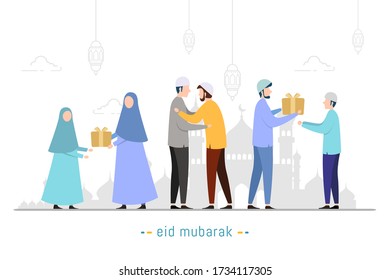 Eid al-Fitr mubarak greeting card vector illustration. Happy muslim people community give gift, congratulate and celebrate festival to each other