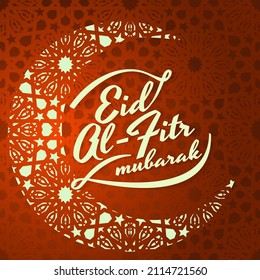 Eid al-Fitr Mubarak greeting card. Oriental theme, girih patterns. isolated object. Red with yellow color. Vector illustration.