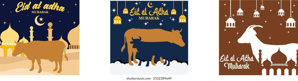 Eid Al-Fitr Mubarak. Happy Eid Al Adha Mubarak mit Mond Ziege und Kuh Papier Schneideffekt. Grafik von Moschee und Ziege mit leuchtenden Laternen für Eid Al Adha Mubarak. Flache, moderne Vektorgrafik festlegen