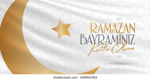 Eid al-Fitr Mubarak Islamic Feast Greetings (Turkish: Ramazan Bayraminiz Kutlu Olsun) Holy month of muslim community Ramazan. Billboard, Poster, Social Media, Greeting Card template. 
