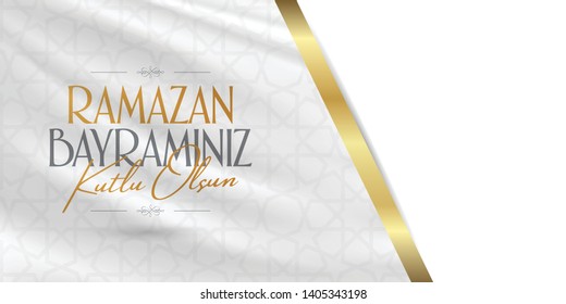 Eid al-Fitr Mubarak Islamic Feast Greetings (Turkish: Ramazan Bayraminiz Kutlu Olsun) Holy month of muslim community Ramazan. Billboard, Poster, Social Media, Greeting Card template. 