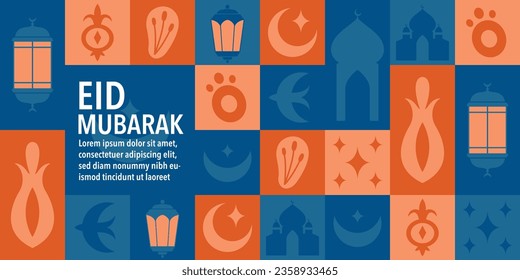 Eid al-Fitr. Eid Mubarak. Islamic greeting card template with ramadan for wallpaper design. Poster, media banner. A set of vector modern abstract illustrations with mosque, moon. Ramadan Kareem. 