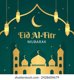 Eid Al-Fitr Mubarak Islamic greetings vector illustrations. Template poster design with gold frame, mosque, and lantern. Islamic post