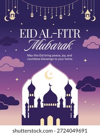 Diseño de póster de Eid al-Fitr Mubarak con ilustración de mezquita, cielo nocturno y adornos festivos.