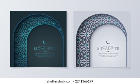 Eid Al-Fitr Mubarak, Ramadan Kareem, Islamic Greeting Card Background Set with Luxury Elegant Pattern
