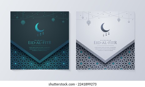 Eid Al-Fitr Mubarak, Ramadan Kareem, Islamic Style Greeting Background Collection Set with Arabic Ornaments