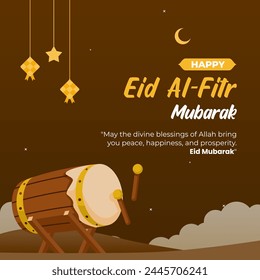 Eid Al-Fitr Mubarak social media post illustration template design. an Islamic drum (bedug) with two stick, and a white cloud behind him. golden ketupat, crescent, and star ornaments.