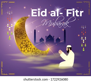 El texto de Eid al-Fitr Mubarak significa Eid al-Fitr Mubarak, la ilustración muestra la luna dorada brillante, estrellas brillantes y linternas en bellas noches nubladas de fondo con la mezquita, el hombre reza a Dios.