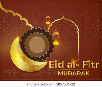 Eid al-Fitr Mubarak Text bedeutet Eid al-Fitr Mubarak, Illustration zeigt goldener glänzender Mond, Lantern