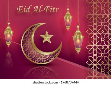 Eid al-fitr, the Muslim holiday marking the breaking of the fast of the month of Ramadan with oriental design on islamic background with gold pattern on paper color backgroung
