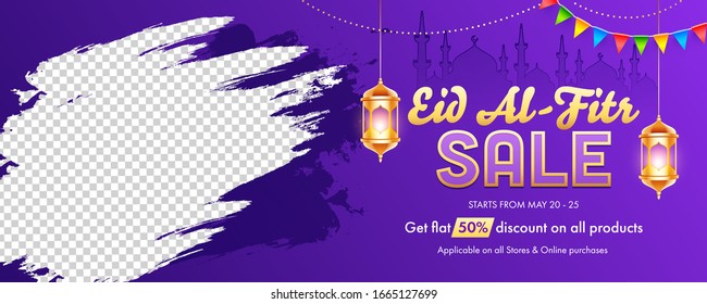 Eid- Al-Fitr Sale Header or Banner Design with Hanging Golden Illuminated Lanterns, Mosque and Space for Product Image on Purple Background.