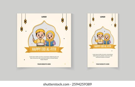 Eid al-fitr social media post and story template with Islamic element and cute muslim couple vector