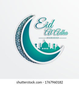 Diseño de plantillas Eid Al-Fitr o Eid Al-Fitr. Día Santo para los musulmanes y el Islam. Ilustración vectorial de la luna y la mezquita. Adecuado para afiches, banners, campañas y tarjetas de felicitación. Estilo de corte de papel.