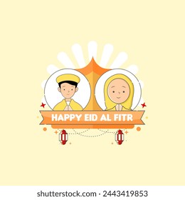 Eid al-Fitr vector con caracteres masculinos y femeninos adicionales. eid vector. ilustración vectorial. Se puede utilizar para el Eid, eventos religiosos y de negocios