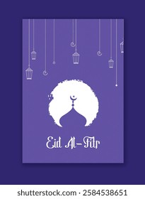  Eid Al-Fitr vector greeting card featuring a mosque silhouette, crescent moon, lanterns, and geometric Islamic patterns on a vibrant purple background