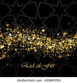 Eid al-Fitr. Vector islamic religious illustration of Eid al-Fitr label and glowing wave of particles and glitters with arabic pattern. Muslim Feast of Breaking the Fast postcard design.