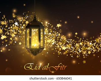 Eid al-Fitr. Vector islamic religious illustration of Eid al-Fitr label and glowing arabic lantern with sparkling wave of stars and glitters. Muslim Feast of Breaking the Fast postcard design