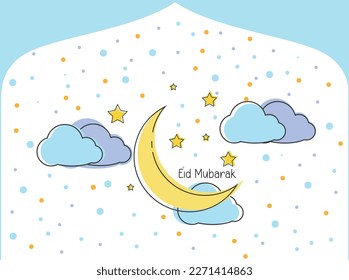 Eid al-Fitr,Ramadan Kareem,cute design template,with,moon,stars,clouds.and small colorful circles for posters, banners, greeting cards