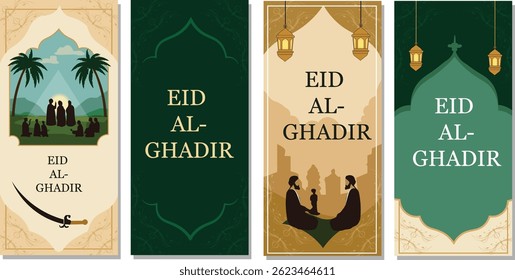 Eid Al-Ghadir: Islamic Celebration Illustrations with Mosque, Figures and Desert Scenes