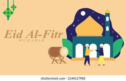 Eid background with mosque and people forgiving each other. banners, website media, greeting cards. Vector illustration.