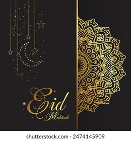 Eid banner design. Black and golden Islamic New Year background template. With moon, star, lantern and mosque. Vector illustration for greeting card, Eid ul-Fitr, Eid ul-Adha. Religious holiday.