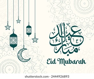 Eid banner design. Eid Mubarak Islamic New Year background template. With moon, star, lantern and mosque. Vector illustration for greeting card, Eid ul-Fitr, Eid ul-Adha. Religious holiday.