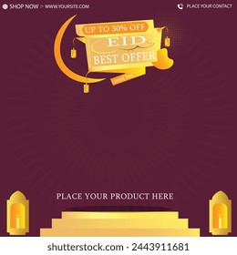 Eid best offer up to 30% off ad sale poster with purple theme editable vector eps. Translation of Arabic text: Blessed feast festival