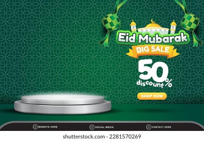 eid big sale discount template banner with copy space 3d podium for product sale with abstract gradient green background design