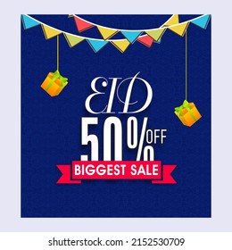 Eid Biggest Sale Poster Design With 50% Discount Offer, Realistic Gift Boxes Hang And Bunting Flags On Blue Floral Pattern Background.