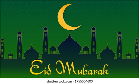 Eid Bubarak vector poster in green and golden with moon and mosque