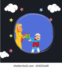 Eid-Feier Hintergrund mit Illustration einer islamischen Frau, die dem kleinen Jungen Geschenk macht.