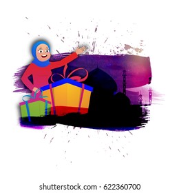 Eid celebration concept with illustration of muslim woman and gifts boxes. Abstract brush stroke background with mosque silhouette.