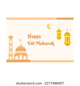 Eid Celebration Greeting Card With Mosque and Lanterns in Warm Colors. A festive illustration featuring a mosque and lanterns, celebrating Eid with warm and inviting tones. Ideal for use in greeting c