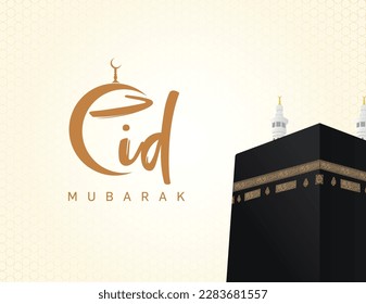 Eid Celebration of Muslim holiday Background. Creative Moon with Mosque and text for Muslim Community Festival, Ramadan Kareem celebration.