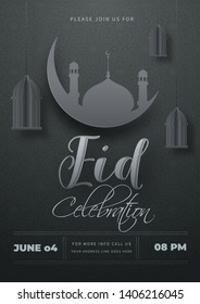 Eid Celebration template or flyer design with silhouette crescent moon with mosque and hanging paper cut lanterns on grey islamic pattern background.