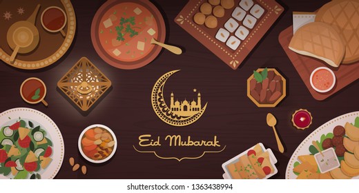 Eid celebration with traditional food recipes, Islamic culture and religion concept