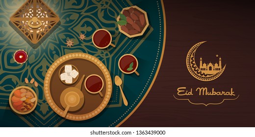 Eid celebration with traditional food and tea on a decorated table, Islamic culture and religion concept
