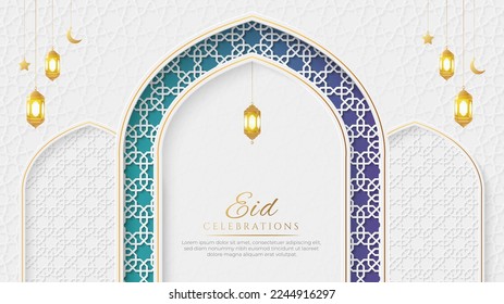 Eid Celebrations Elegant White and Golden Luxury Colorful Islamic Arch Background