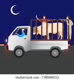 Eid cow transport with boys stating vector illustration