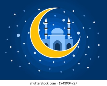 Eid Design Background.  With a picture of a mosque and a crescent moon.  Vector Illustration for greeting cards, posters and banners.