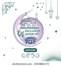 Oferta exclusiva de Eid. Venta exclusiva de Eid. Hasta un 70% de descuento en el vector de banner EPS archivo editable, Eid Mega Oferta Social Media Post con mínimo fondo blanco