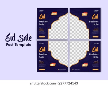 Eid fashion sale banner and social media post Template, Ramadan Kareem theme Sale square flyer and banner. Big sale bundle Eid ads post, Greeting card Islamic background design with Lantern, Half Moon